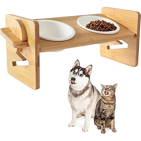 Amazon 猫食器 ネコボウル 餌入れ ペット食器 猫給食 陶器お皿 木製ペット食器台 ペットボウル スタンド 高さ調節可能 傾斜 皿２つ エサ入れ 水入れ フードボウル 猫犬用 ペット用品 Nileux 食器 ボウル 通販
