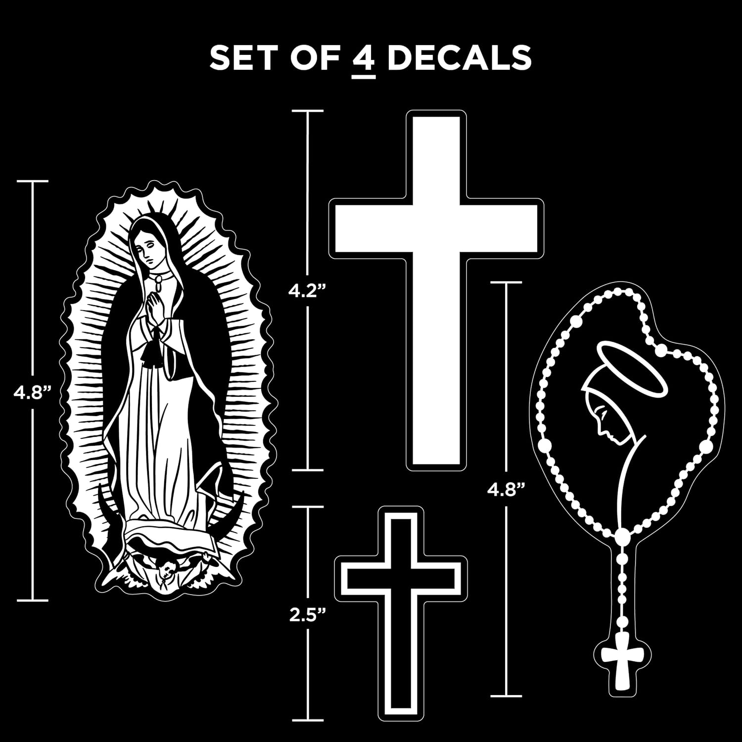 Religious Decals for Car Truck Tablet Tumbler Cell Phone - Set of 4 Black & White Mary Rosary, Lady of Guadalupe, Christian Cross - Image 3