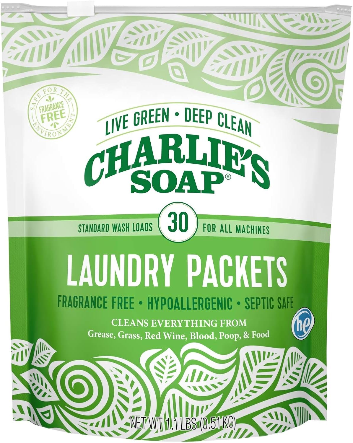 Charlie's Soap - Unscented Powdered Laundry Packets 30 Count (2 Pack 60 Total Loads)