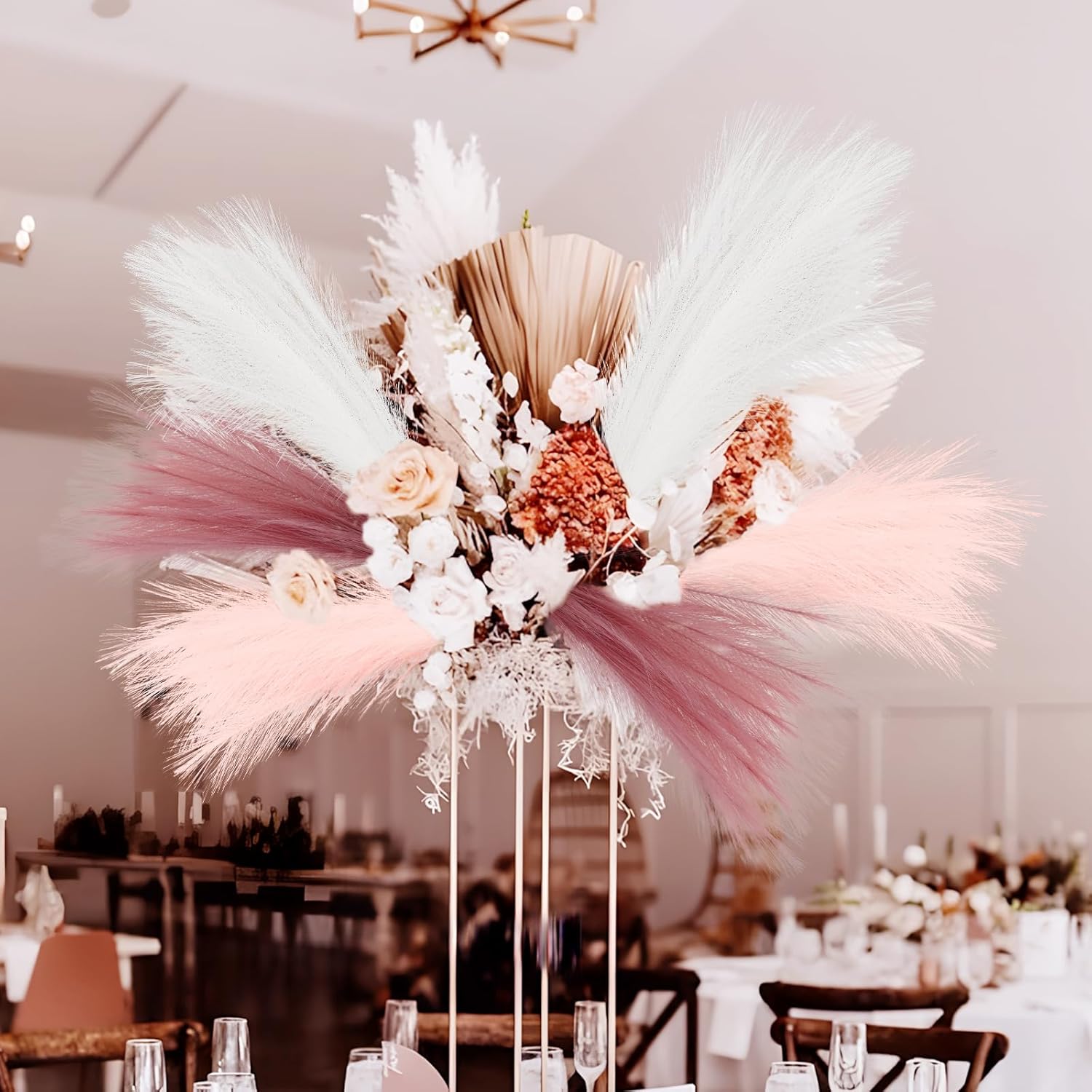 Agusbagli 150pcs Pink Faux Pampas Grass, 21.6in Fluffy Artificial Colored Pompas Grass Short Blush Fake Pampas Stems Vase Filler Flower Arrangement for Home Wedding Centerpieces Boho Decor