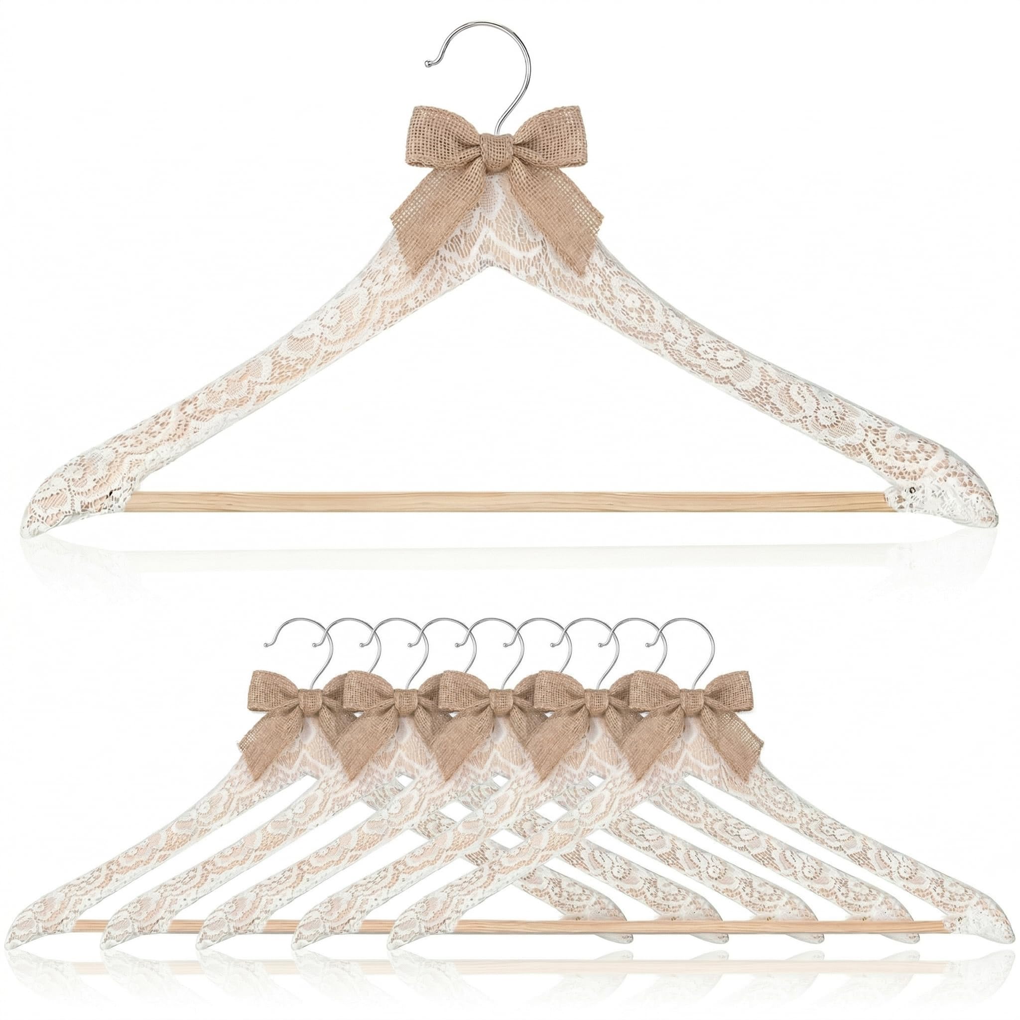 Photo 1 of 10 Pcs Bride Hanger for Wedding Bride Groom Bridesmaid Ribbon Bow Pearl Hanger Wood Color Elegant Wooden Dress for Bridal Shower Tuxedo Photo Keepsake Party Gift(Lace Linen,White)