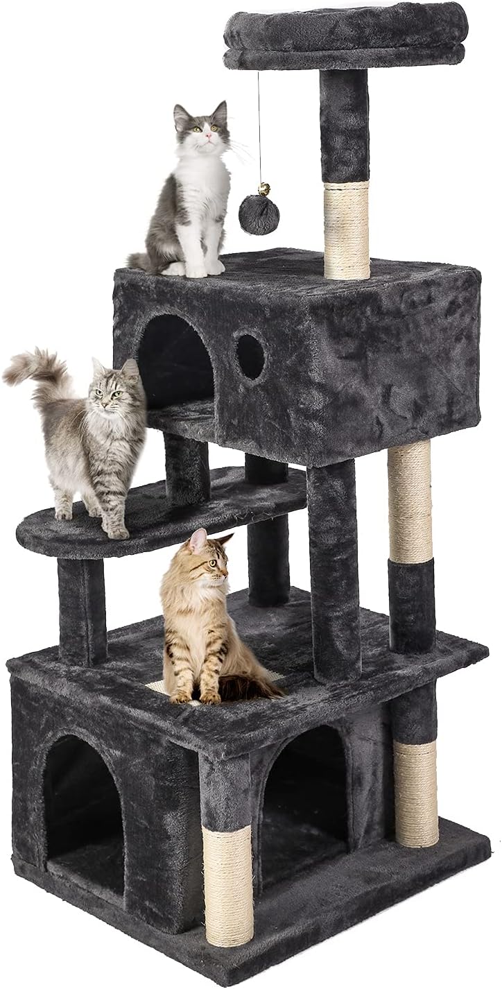 BYUP 51-Inch Indoor Cat Tree Cat Tower, Multi-Storey Cat Apartment with Platform, Cat Climbing Frame, Cat Play House with Plush Ball