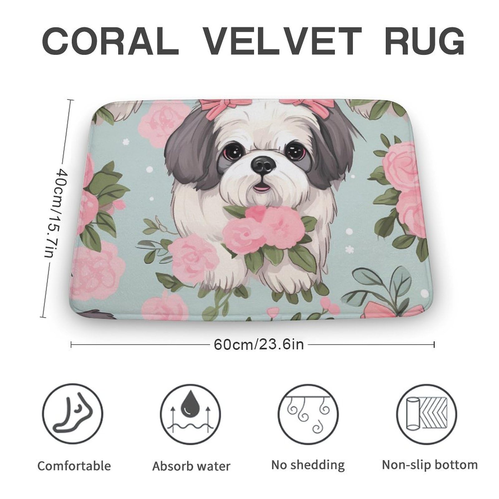 Shih Tzu Dog Coral Velvet Rugs Non-Slip Bathroom Rugs Soft Kitchen Rug Floor Carpet for Home Decor 15.7