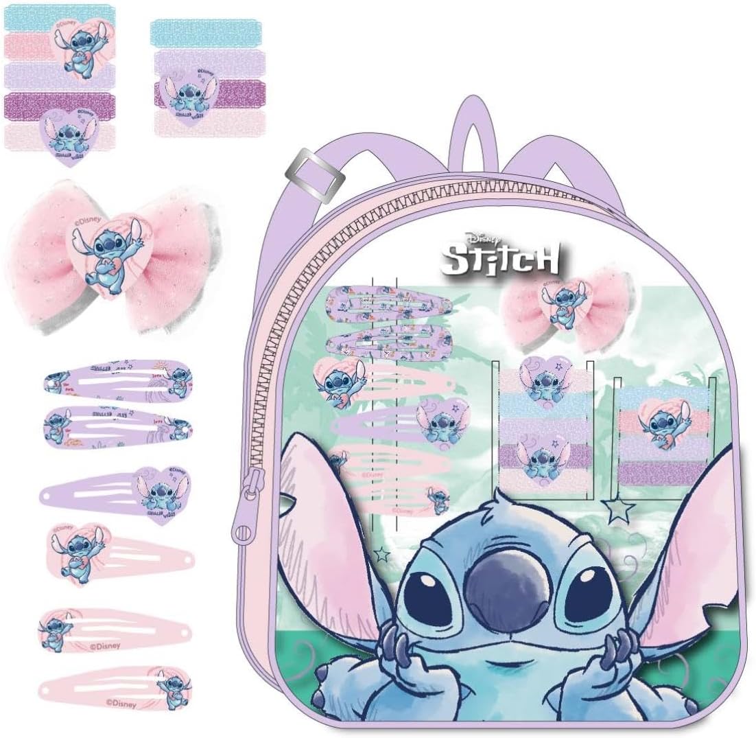 Cerd Life's Little Moments Stitch Beauty Set Backpack, 1 Bow, 6 Hairpins, 9 Scrunchies Multicoloured Kid's Galactic Stitch Design Official Disney License Original Spanish Design