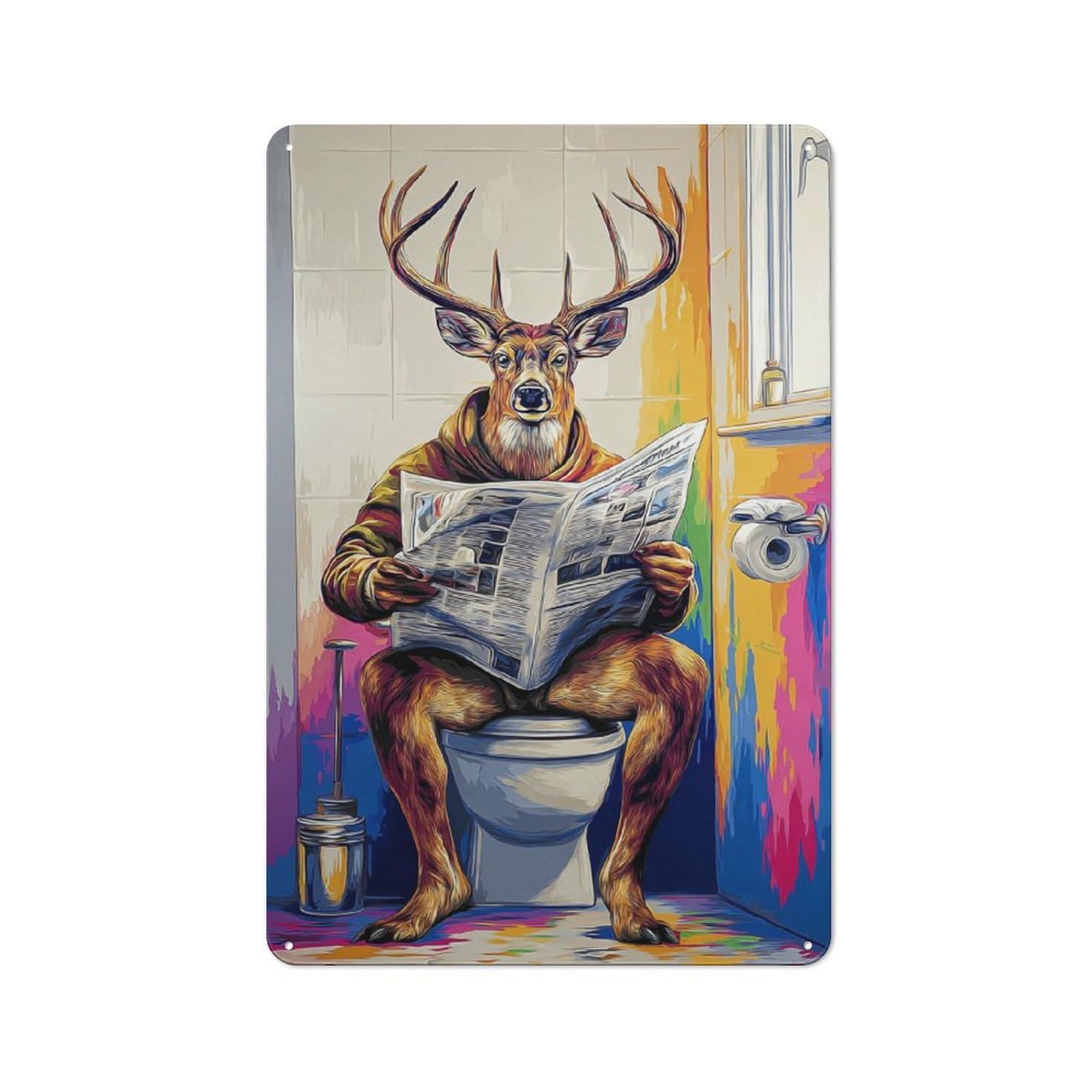 Junmoney Deer Reading Newspaper On Toilet -1 Rustic Metal Wall Sign 30X20cm Featuring For Pub Or Café, For Vintage Wall Decor Fans, For Metal Sign Collectors