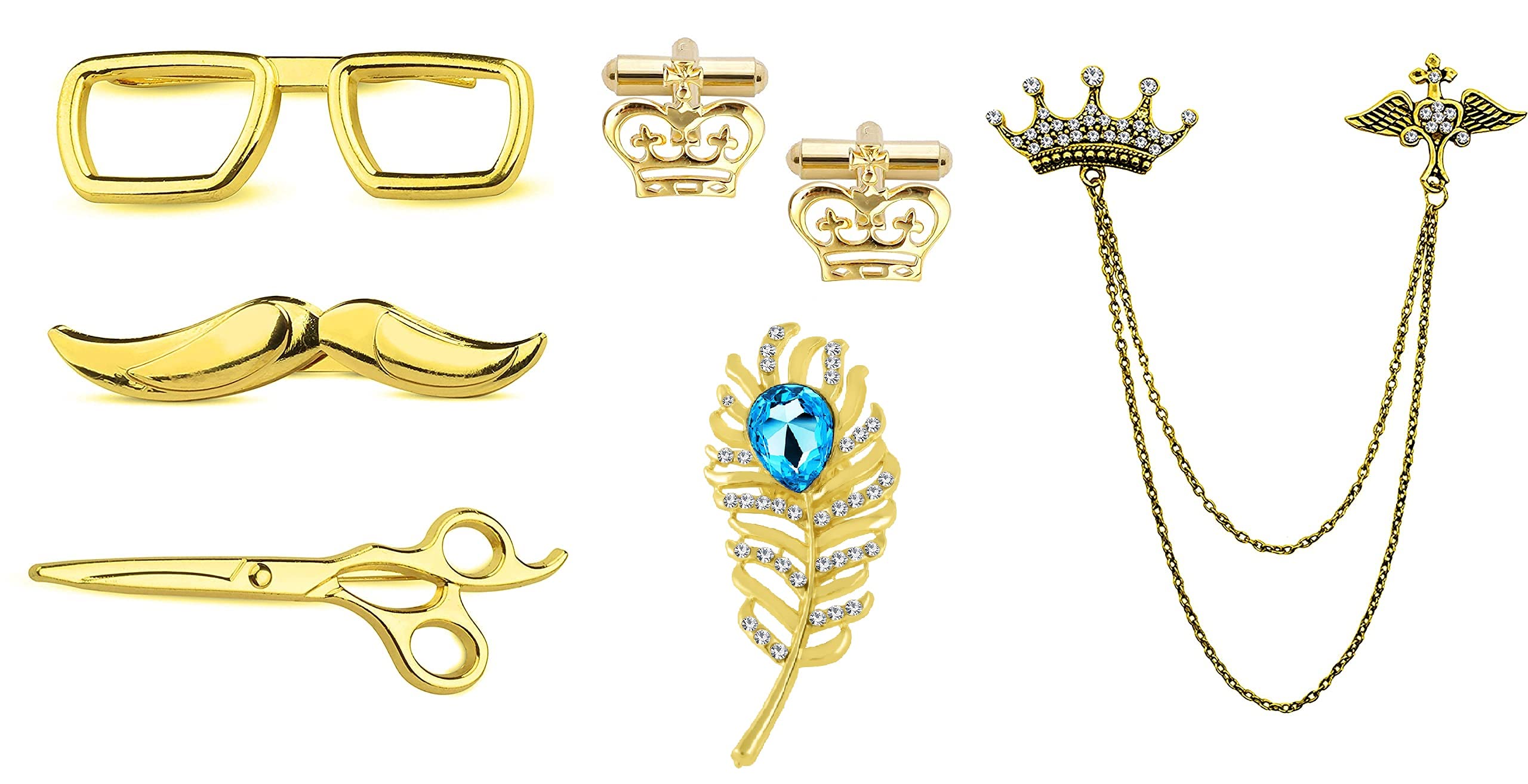 Gold Plated Men'S Jewellery Combo Of 3 Alloy Tie Pins, 1 Cufflinks, 2 Indo Western Lapel Pin Brooch Studded With Multi Colour (Blue;White) Crystal Stones For Girls And Women CO1000392-image-15
