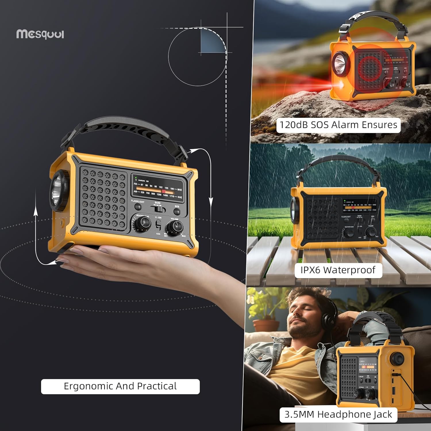 Mesqool radio showing ergonomic design, SOS alarm, waterproof feature, and headphone jack