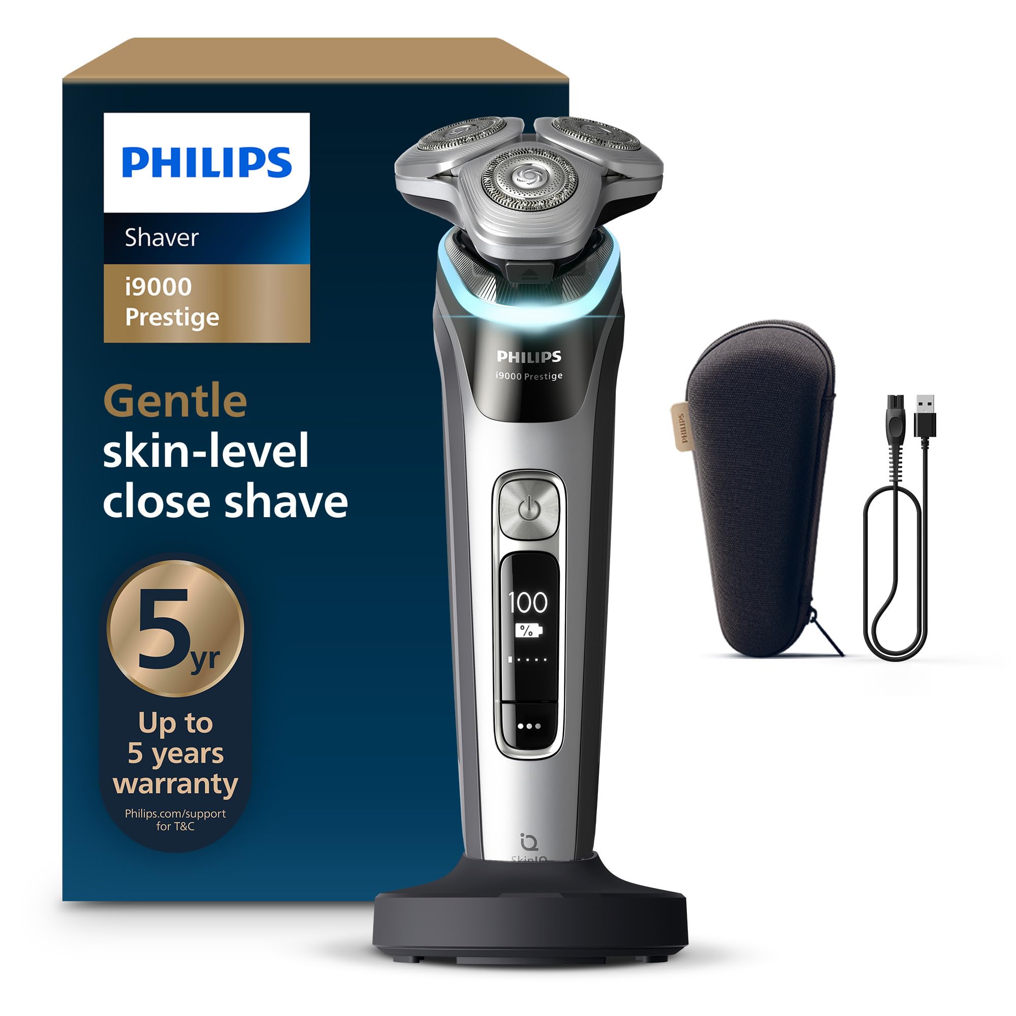 Shaver i9000 Prestige, Wet & Dry Electric Shaver, Dark Slate Nova, with Skin IQ Technology, Triple Lift & Cut System, 360 Rotating Dual SteelPrecision Blades, Model XP9204/10