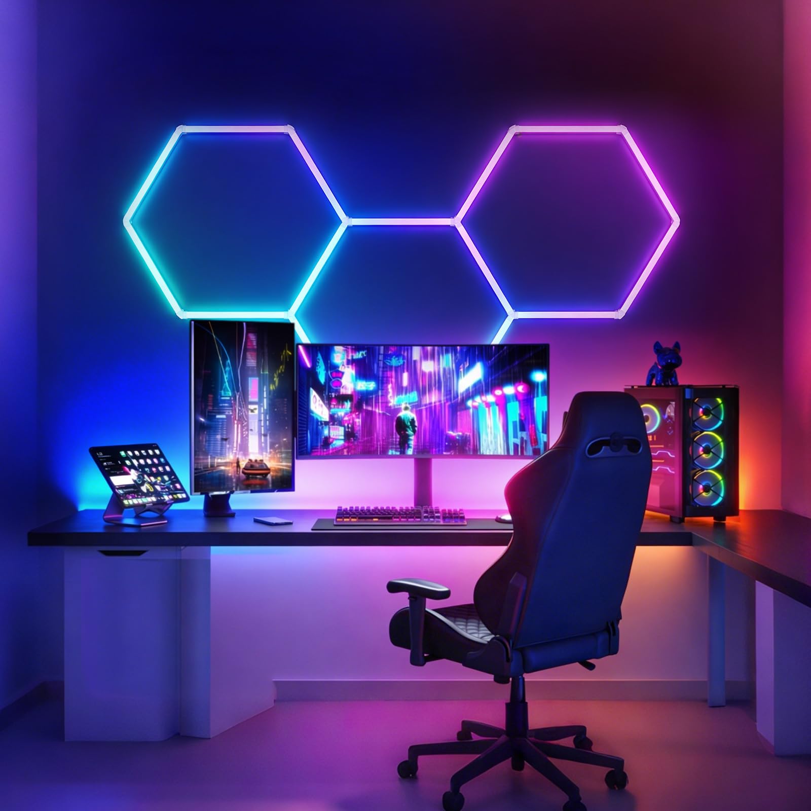 RGB LED Hexagon Deckenleuchte 3 Hex 144W dimmbare Garagenlampe | Musik-Synchronisationsmodus, App- & Fernbedienung Farbwechsel Wabenleuchte für Gaming-Zimmer Fitnessstudio Garage Bars Partei