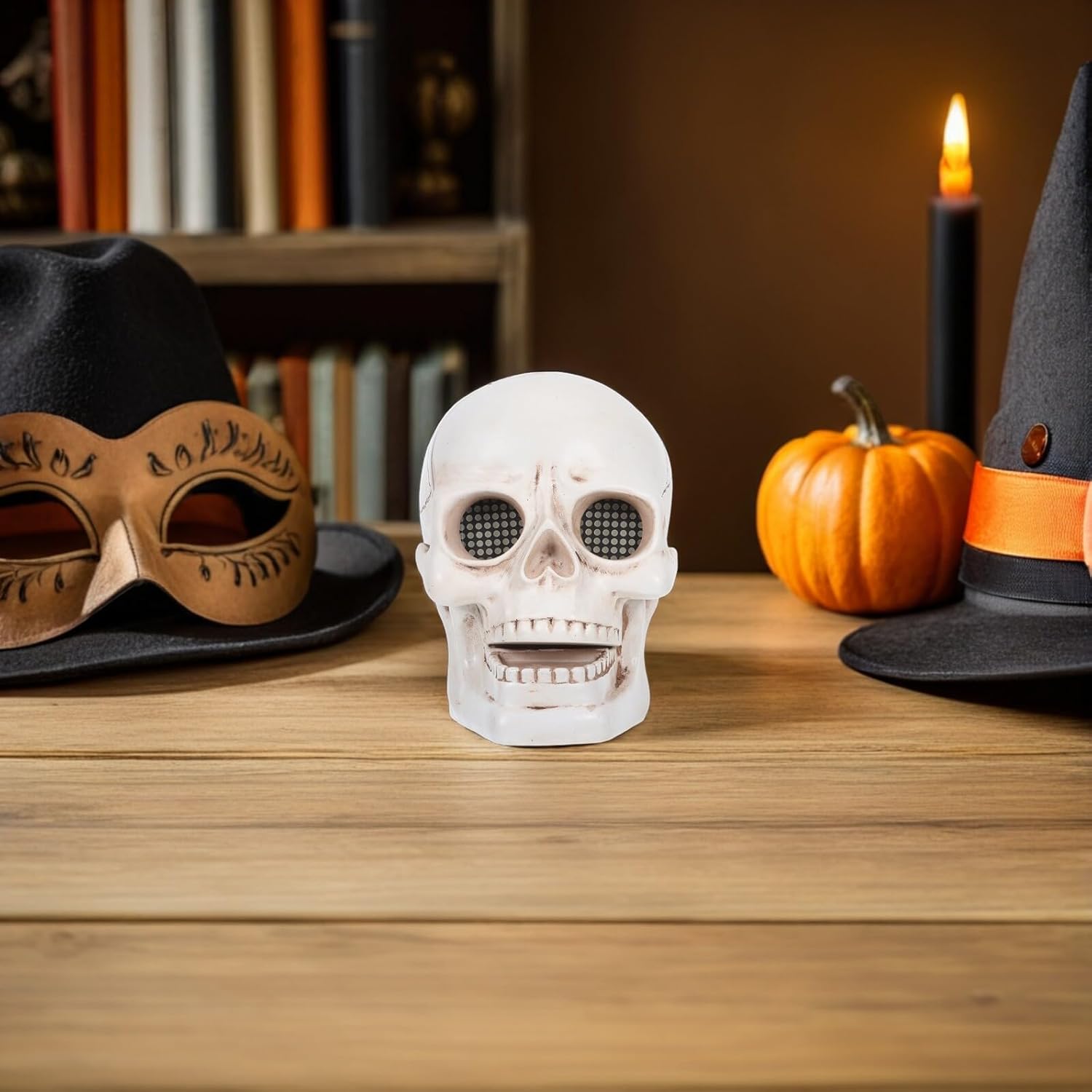 Kisangel Halloween Resin Skull Statue with LED Glowing Eyes, Outdoor Garden Skull Sculpture Decoration for Haunted House, Halloween Patio Lighting Figurine