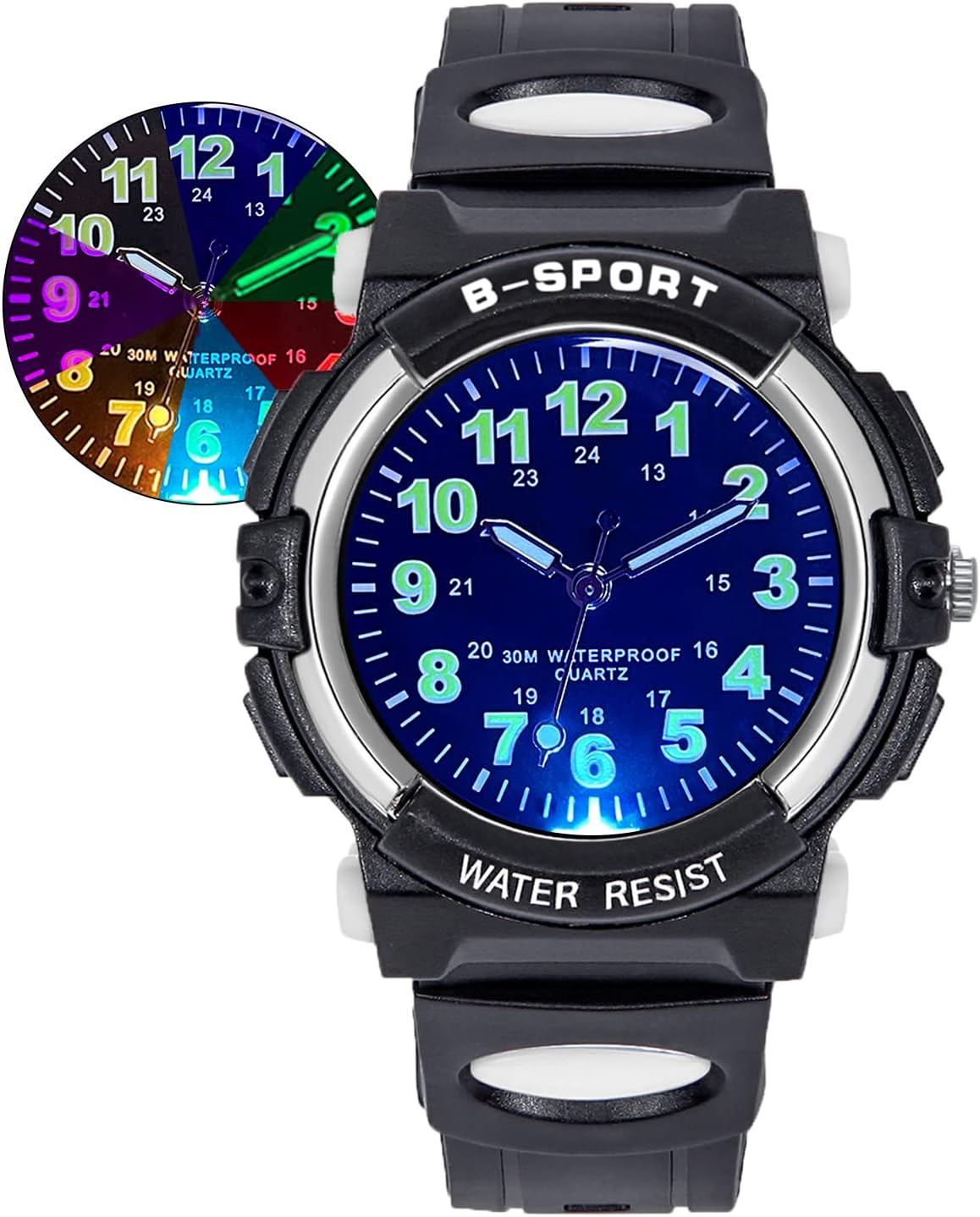 DTKID Kids Watches for Boys and Girls, 7 Colour Lights Waterproof Outdoor Sports Boys Watch, Analogue Quartz Childrens Watch with Soft Strap Watches for Kids Ages 5-16