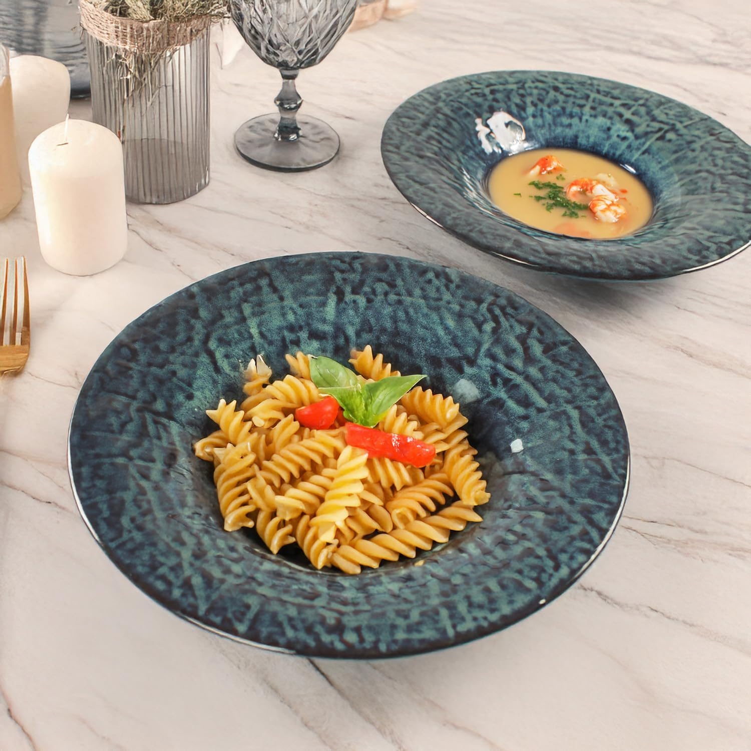 Ceramic Pasta Bowls, 12 oz Pasta Plates, Reactive Glaze Pasta Bowl Set of 4, Large Wide Serving Bowls for Salad, Dessert, Fruit, Microwave & Dishwasher, Oven Safe