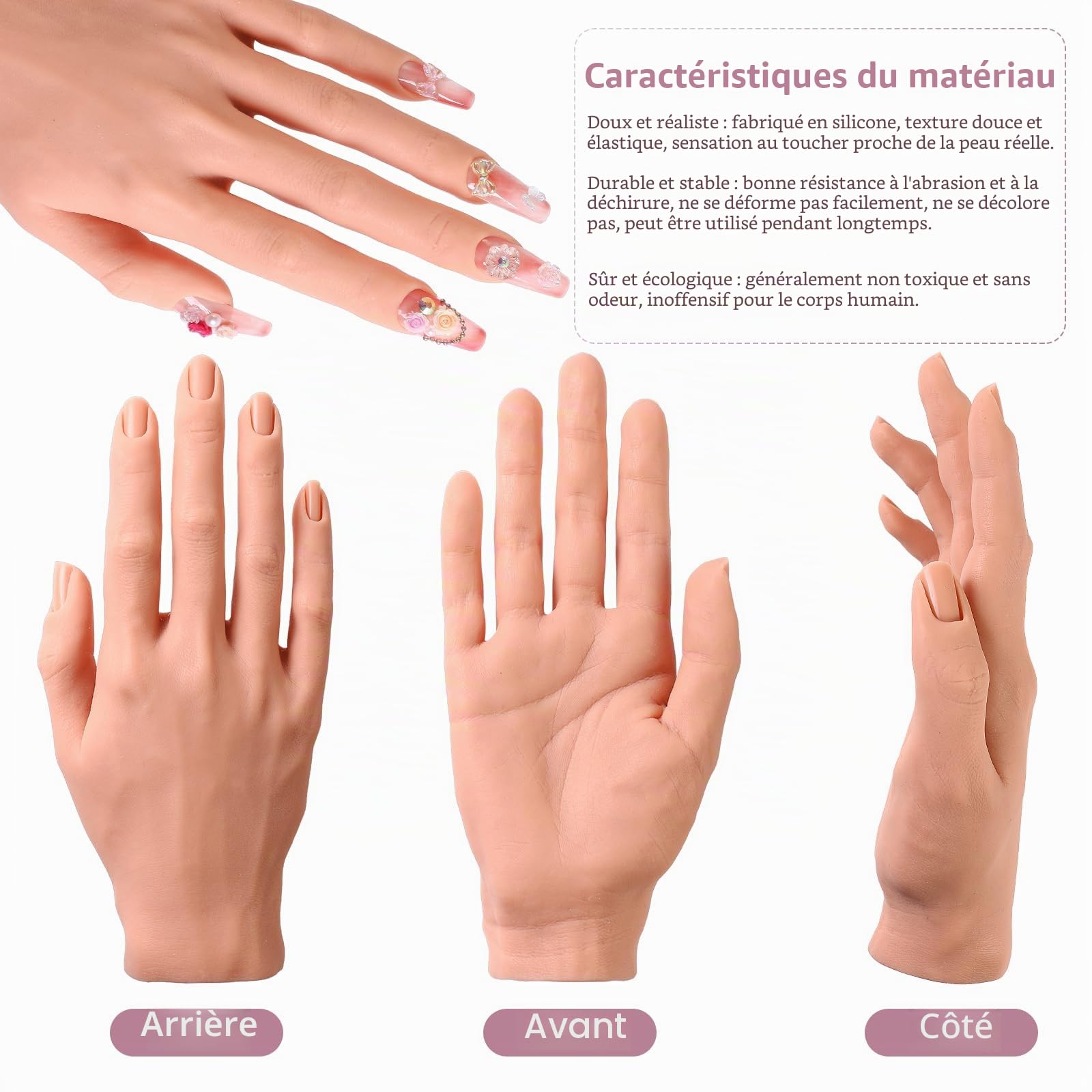 Main d'entraînement pour ongles en acrylique – Main d'entraînement des ongles en silicone – Modèle de pratique flexible pour les débutants professionnels (-25)