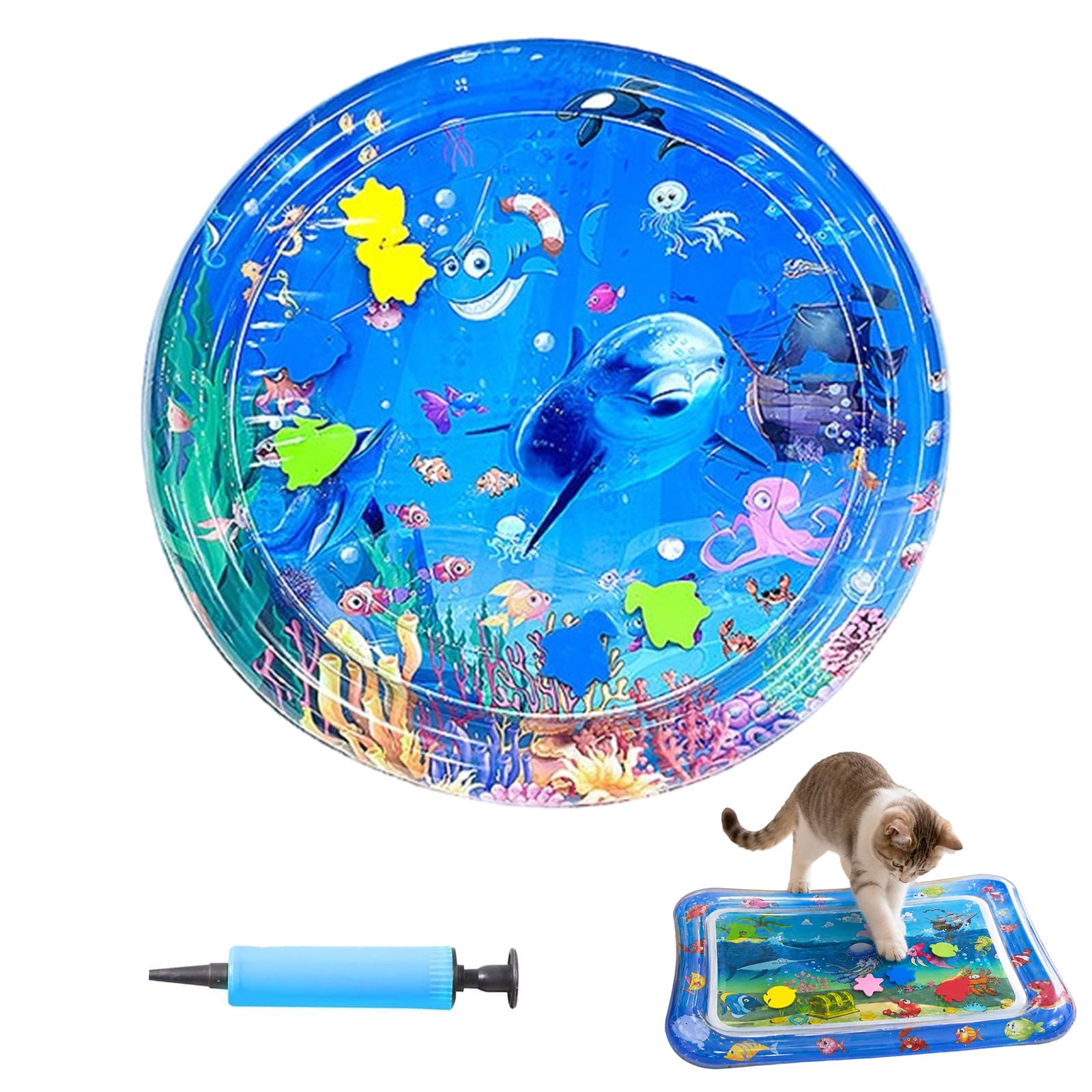 Pet Water Sensory Mat, Thickened Leak-Resistant Sensory Play Mat, Cooling Interactive Toy for Kittens, Puppies and Pet Enrichment (Round-A)