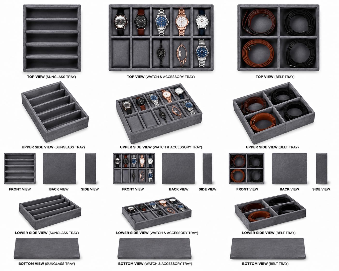 La Trove Bandeja organizadora de piel sintética de alta calidad para reloj, cinturón, corbata, gafas de sol (combo de 3, gris)
