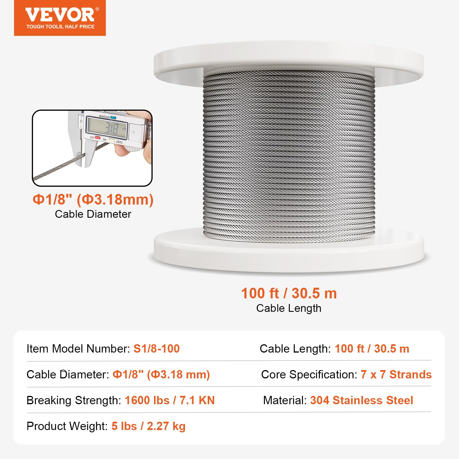 VEVOR Câble Acier Inoxydable, 3,18 mm x 30,5 m, Câble Métallique Inox Tressé 7x7 Qualité Aéronautique avec Accessoires, Résistance Rupture 7,1 kN, pour Garde-corps, Rampe Escalier, Clôture, Extérieur