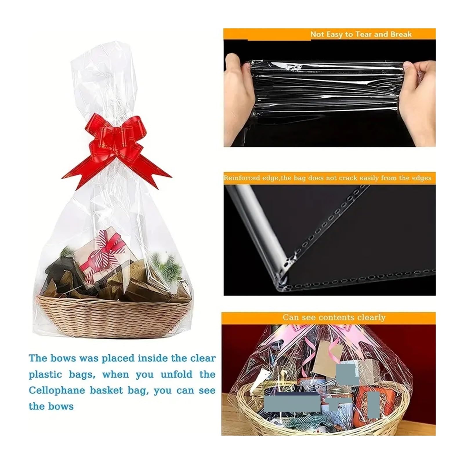 Papel celofán Bolsa grande de celofán transparente 25/50 piezas con lazo, for cestas y envolver decoraciones navideñas(25pcs,60x90cm)