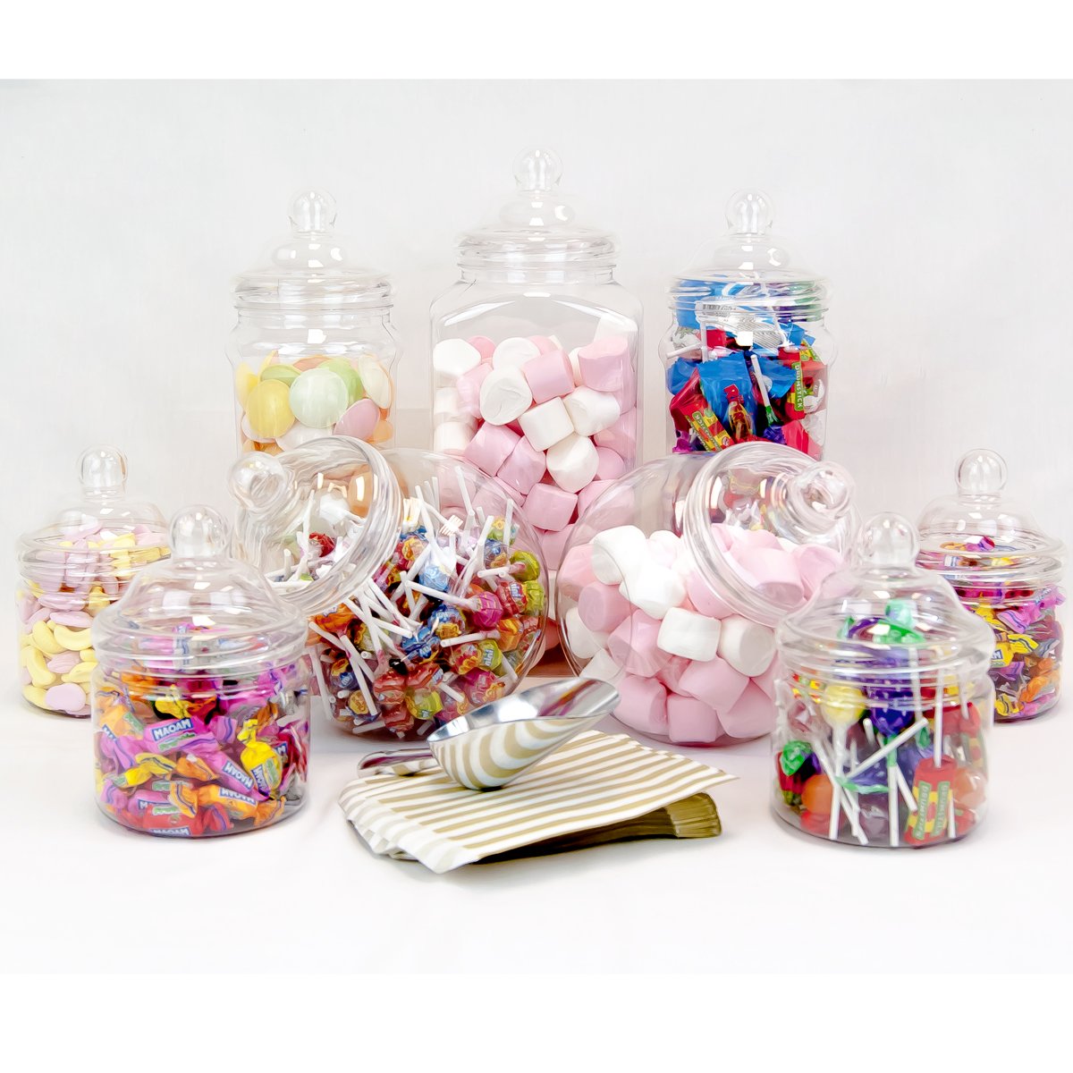 Purple Square Gold 9 Jar Jumbo Retro Pick & Mix Victorian Sweet Shop Candy Buffet Kit Party Pack With Scoop & Bags