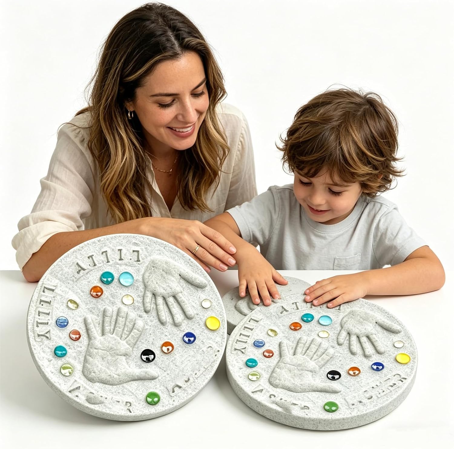 Large DIY Handprint Stepping Stone Kit, Mother's Day DIY Handprint Gift Kit, Indoor Outdoor Family Keepsake Gift, Includes 1 Mod, 26 Letter Stamps, and Colored Stones (14 in (Fits 1 Handprint))
