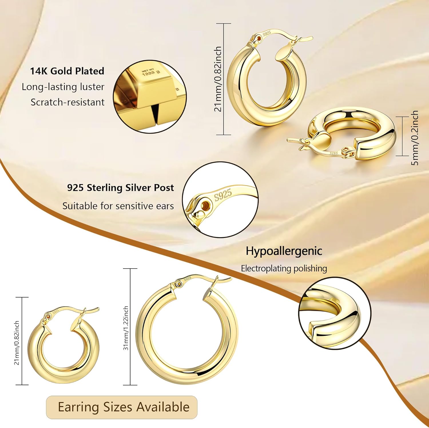 BOUTIQUELOVIN 14K Gold Plated Hoop Earrings for Women Hypoallergenic Thick Chunky Hoop Earrings Lightweight Tube Design - Image 6