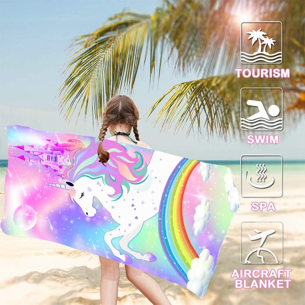 Bonsai Tree Unicorn Microfiber Beach Towel, Rainbow Kids Quick Dry Beach Blanket Oversized Clearance 30" x 60", Magic Castle Cute Sand Proof Bath Towels for Girls Travel - Image 4