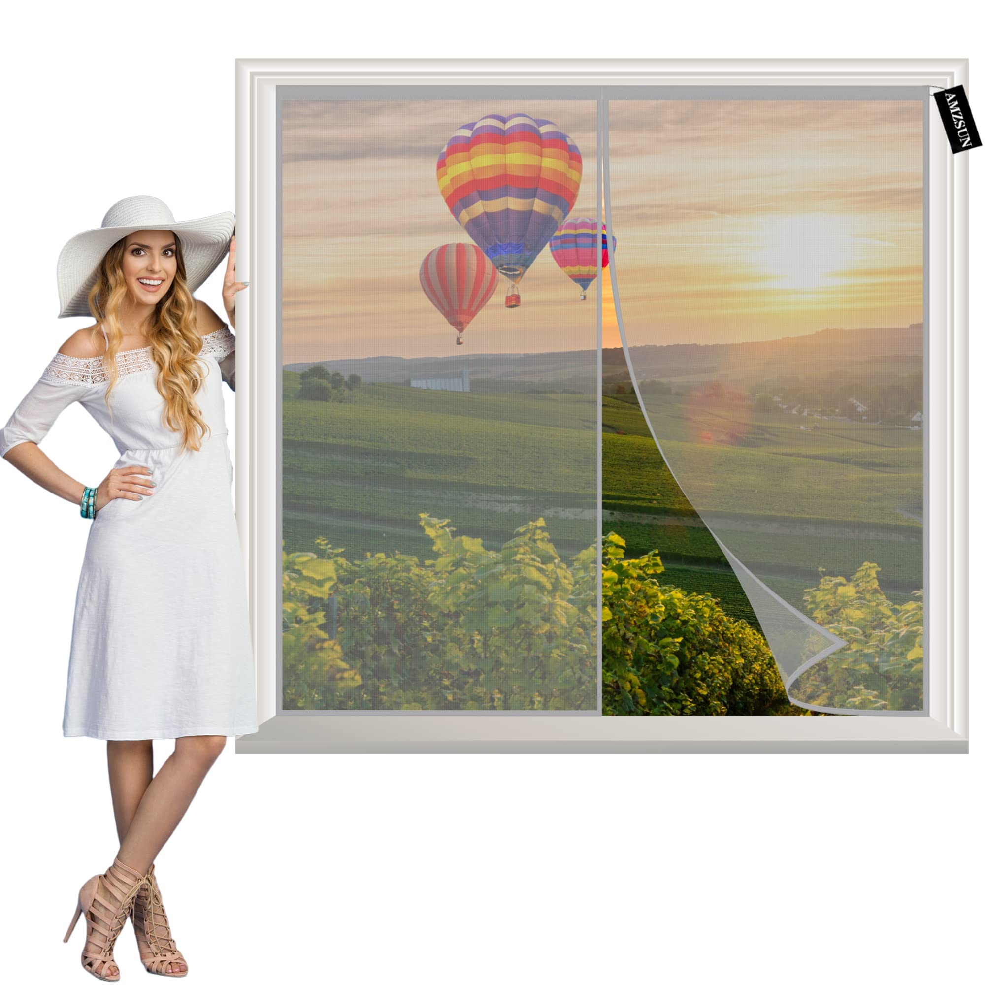 Amzsun Grey Magnetic Window Screen 60X105cm Mesh Fly Curtain Mosquito Net For Windows,Shuts Automatically/Easy To Install/Without Drilling For Keeping Out Flies