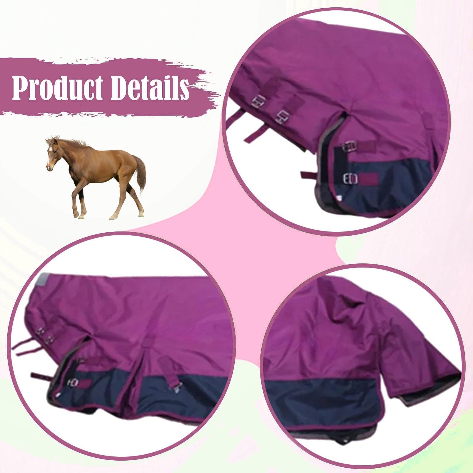 Manta de Invierno para Caballo con Abrigo Grueso y Transpirable Manta Impermeable con Capucha y Cubre Cuello Envoltura Abdominal para Caballos, Rose Red S