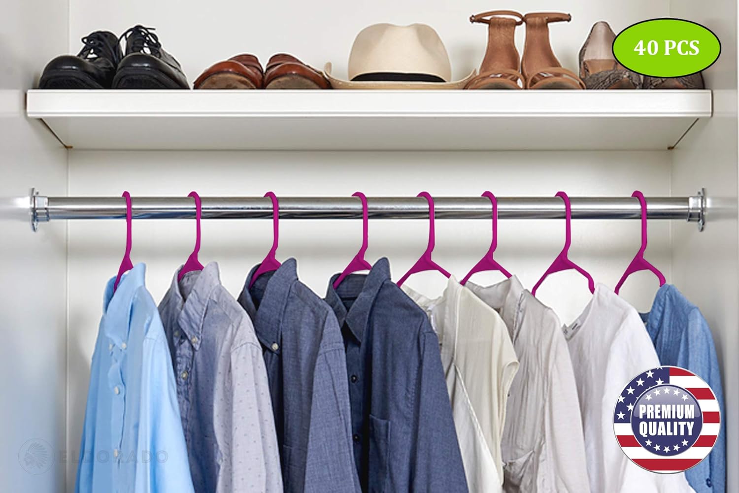 Eldorado Hangers for Adult Size Clothing, Plastic, Ideal for Everyday Standard Use Clothes, Shirts, Blouses, T-Shirts, Dresses, Jackets, Suits. Color - Purple, Pack - 40 PCS.