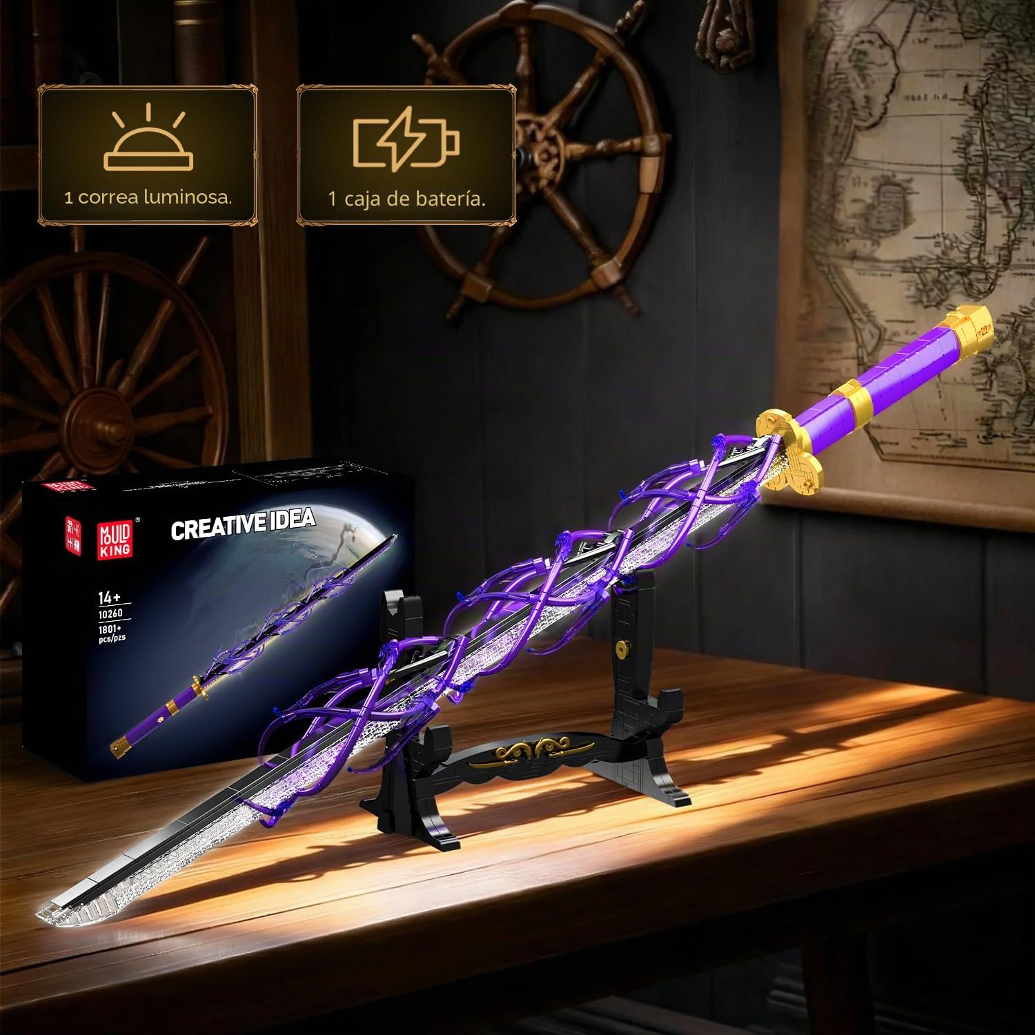 Mould King 10260 Espada Estilo Anime de Bloques de construcción con iluminación LED, Modelo de Sable Luminoso para Adultos, Espada Pirata-samurái de Cosplay con Funda y Base de exhibición
