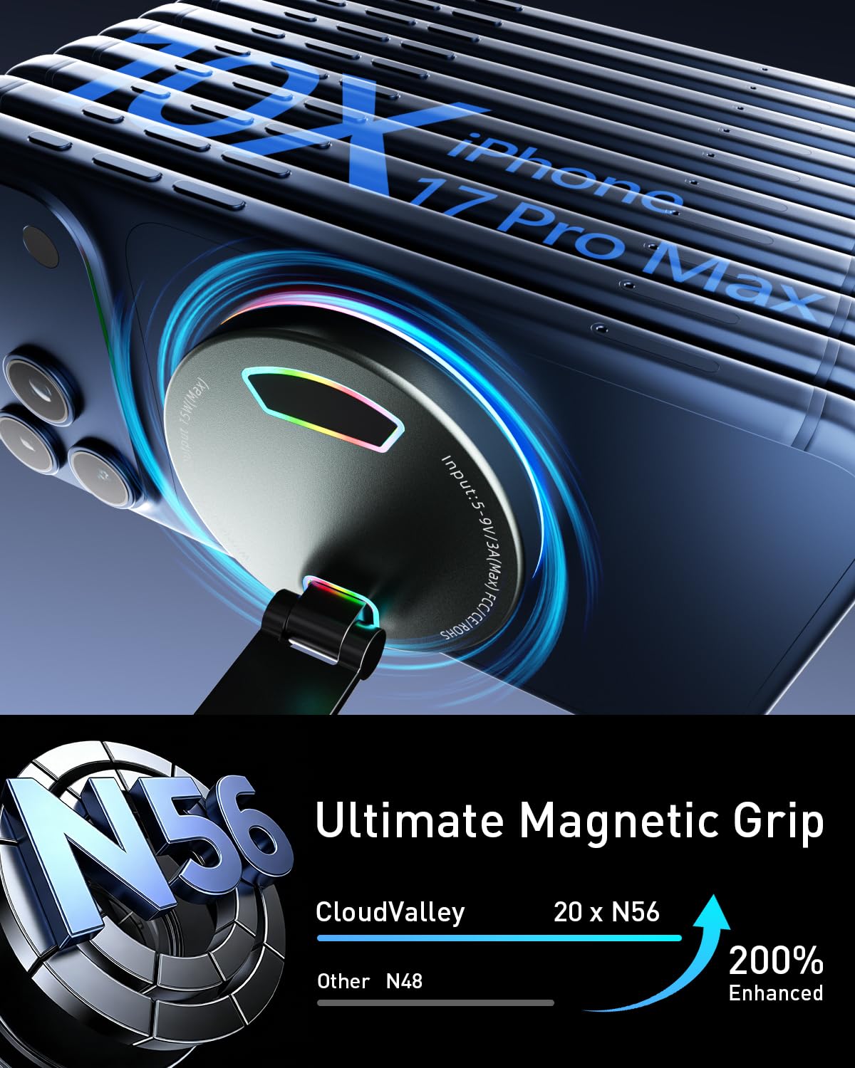 CloudValley Soporte Cargador MagSafe para Coche, Carga Inalámbrica Rápida 15W, Ventosa Vacío Giratoria 360°, Soporte Magnético con Luz RGB para iPhone 17/16/15/14/13/12/Salpicadero/Parabrisas