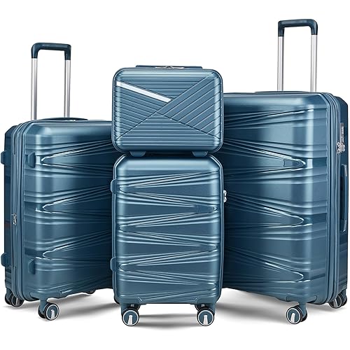 4 Piece Expandable Hardshell Pink Luggage Sets with Spinner Wheels, Lightweight Travel Suitcase Set with TSA Locks, 20 inch Carry On (Peacock Blue, 4 Piece Set (14in/20in/24in/28in))