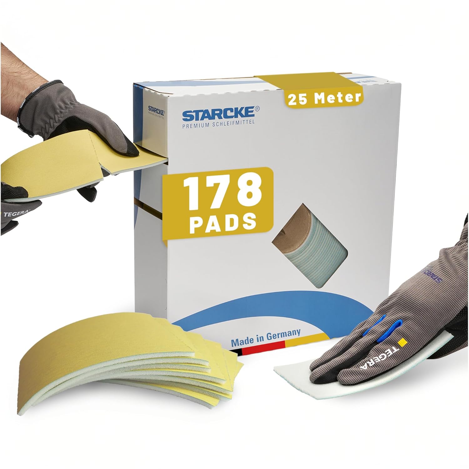STARCKE Sandpaper Set 178 x [25 m Roll] Tear-Off with Foam - Made in Germany - Sanding Pad Set with Stearate Coating - for Plaster, Varnish, Wood, Spatula, Car Painter (P800)