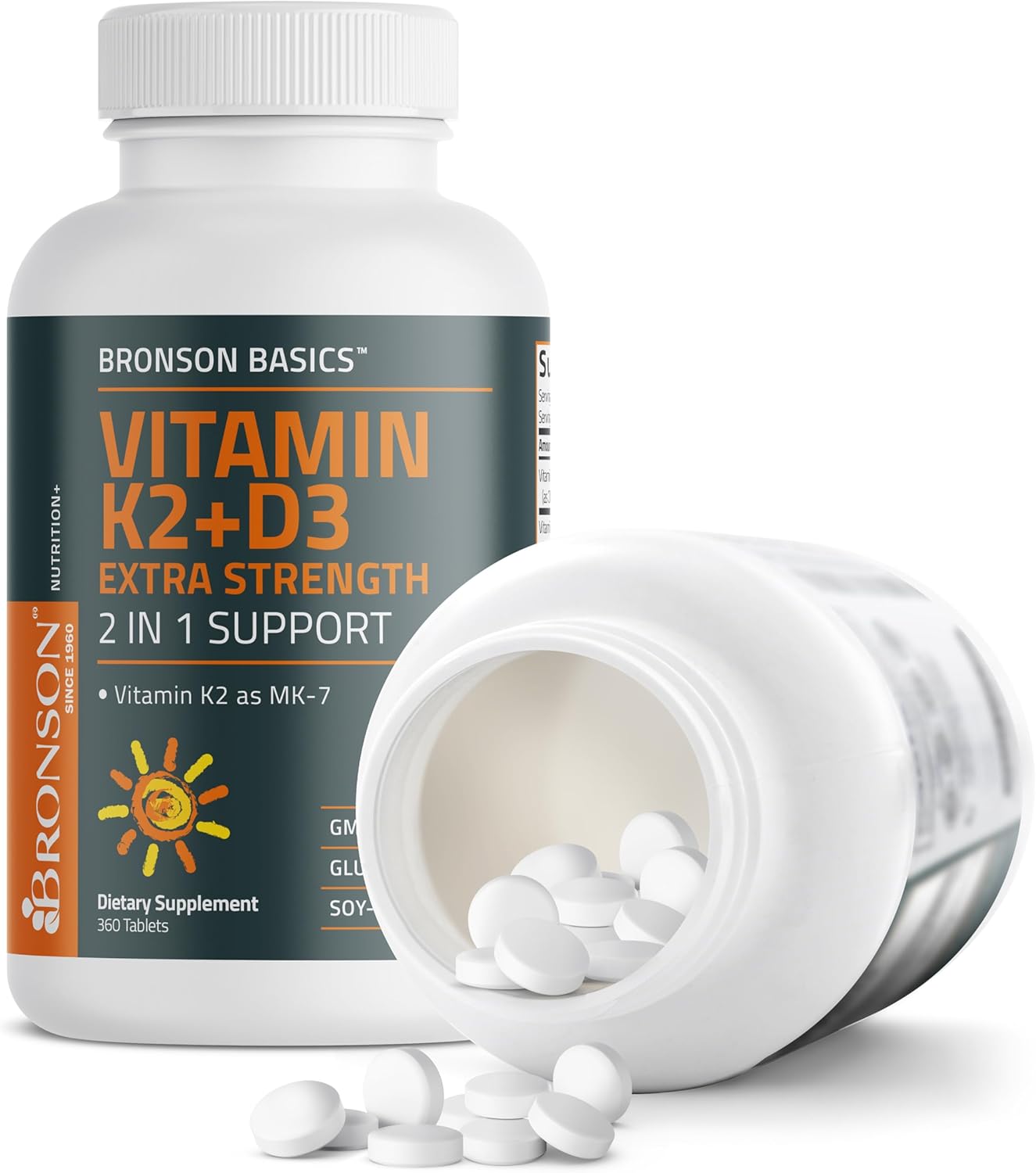 Bronson Vitamin K2 (MK7) with D3 Supplement Extra Strength 2 in 1 Support, 10,000 IU Vitamin D3 & 120 mcg K2 MK-7, 360 Tablets