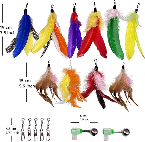 Miniatura 3 de 10 piezas de repuesto de plumas para gatos, varita de repuesto para gatos con clip y campana extraíble, juguetes de plumas para gatos de interior