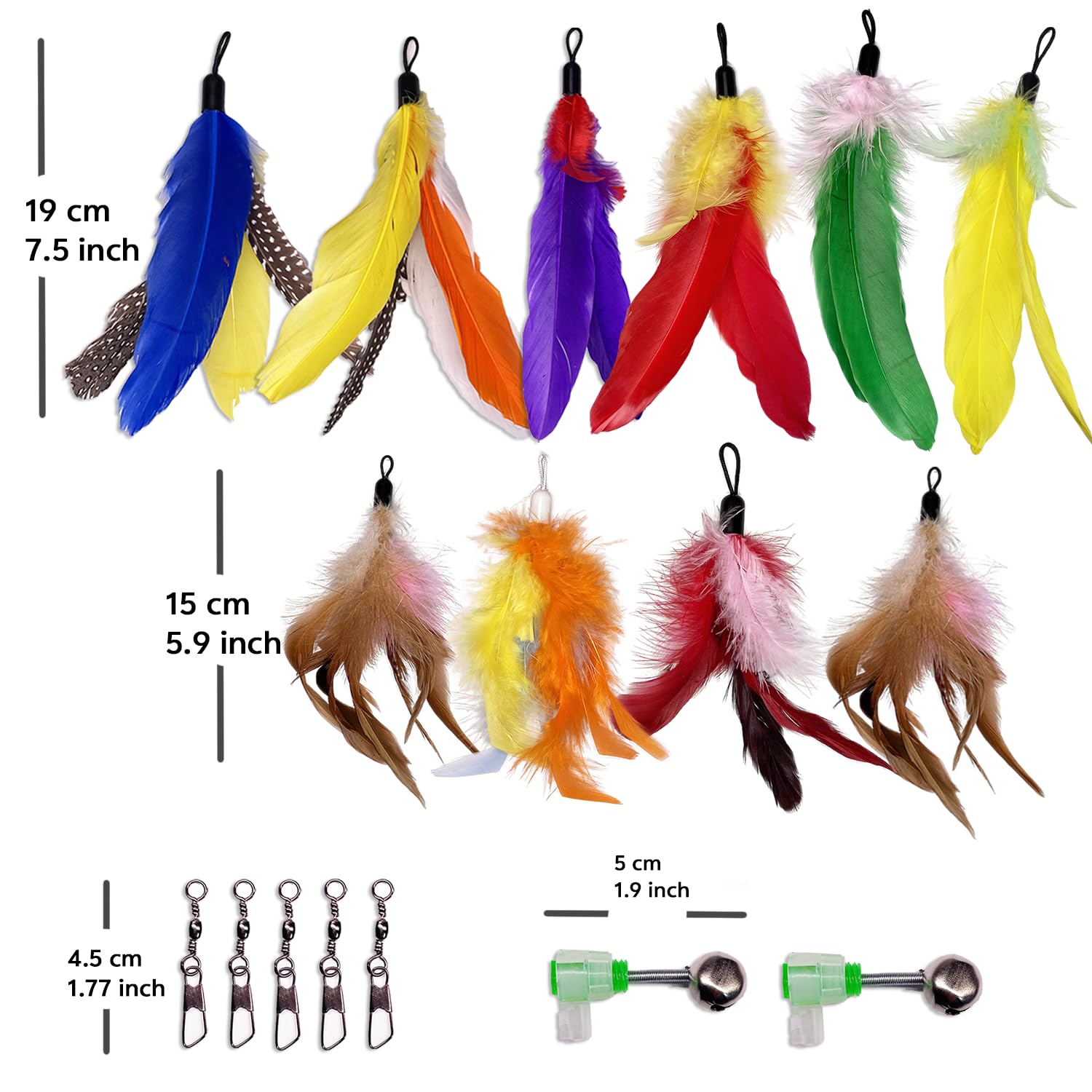10 piezas de repuesto de juguete de plumas de gato con clips, juguetes de fijación de varita de gato con campana extraíble, repuesto de plumas naturales coloridas para gatos de interior
