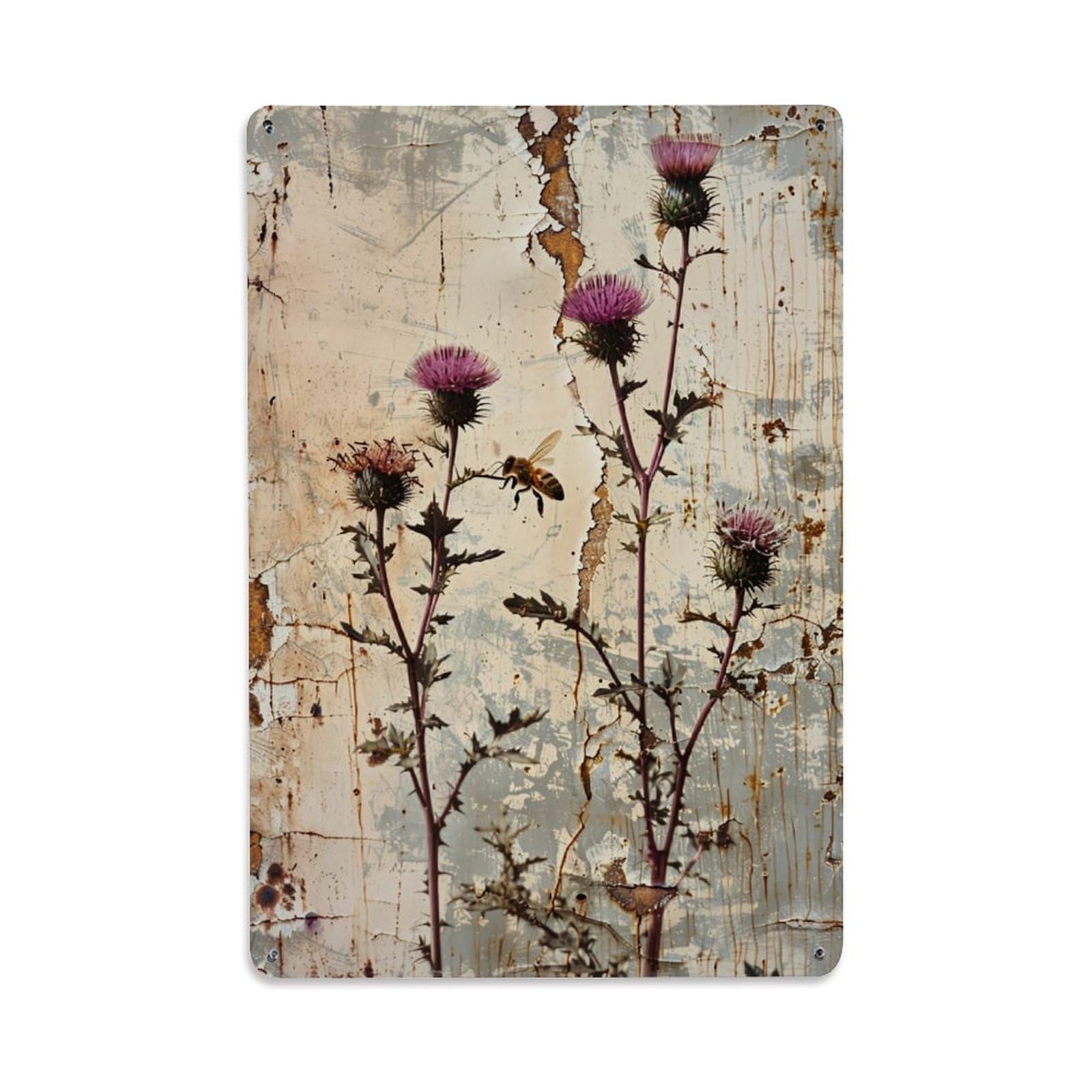 Jdfenggu Vintage Thistle Bee Rustic Background Art Retro Metal Tin Sign, Decor Art Poster For Bar, Home, Man Cave, Kitchen, Laundry Room Gift 8X12inch