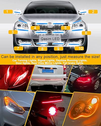 Vista 7 de Qasim Tira de LED de 30 cm Rojo+Amarillo para Conducción Diurna, Luces Secuenciales Fluyentes, Señal de Giro, Luz de Advertencia, Accesorios