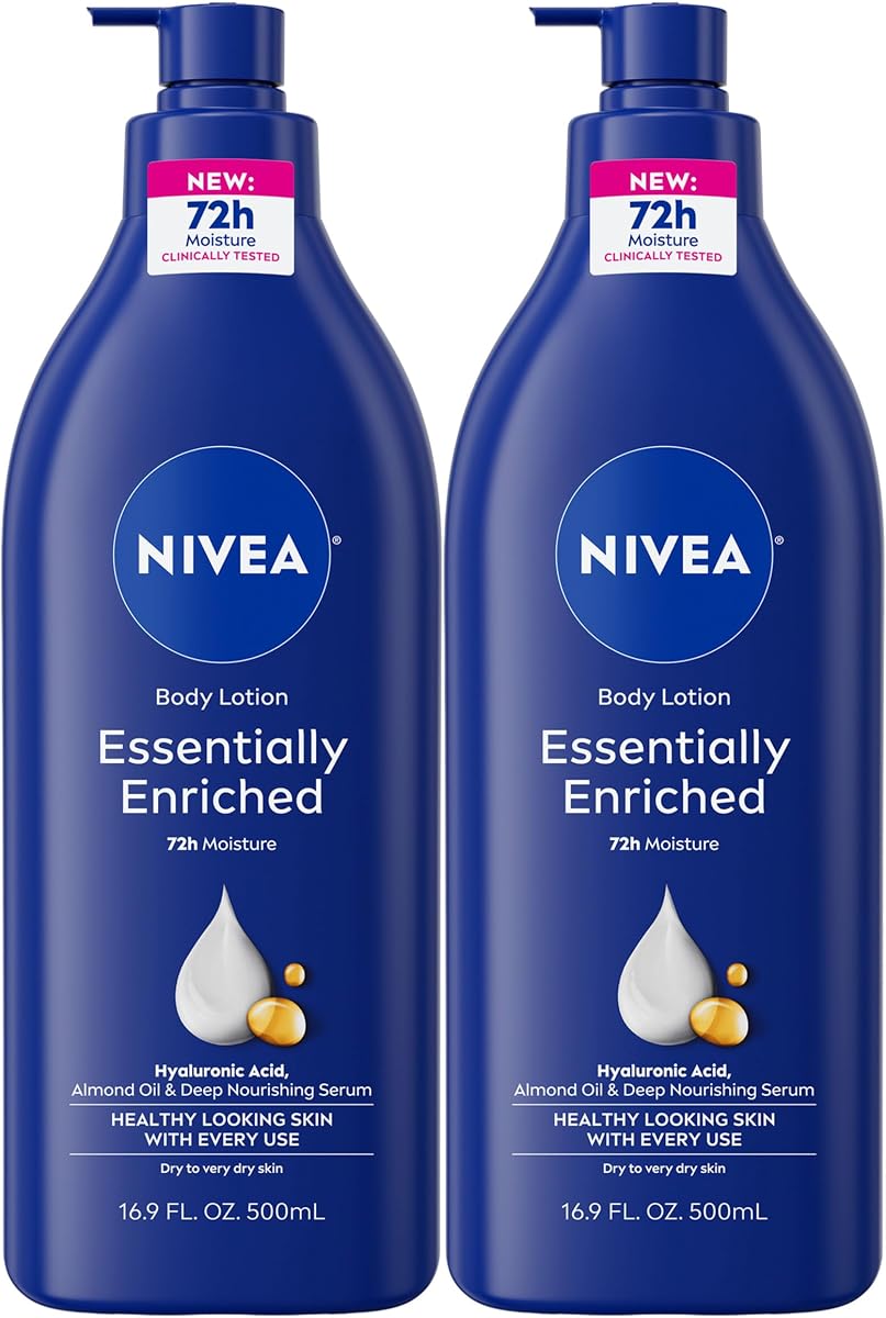 NIVEA Loción corporal esencialmente enriquecida, paquete económico, 2 x 16.9 FL OZ | Loción corporal hidratante con ácido hialurónico, aceite de almendras y suero nutritivo profundo, para pieles secas a muy secas, hidratación de 72 horas