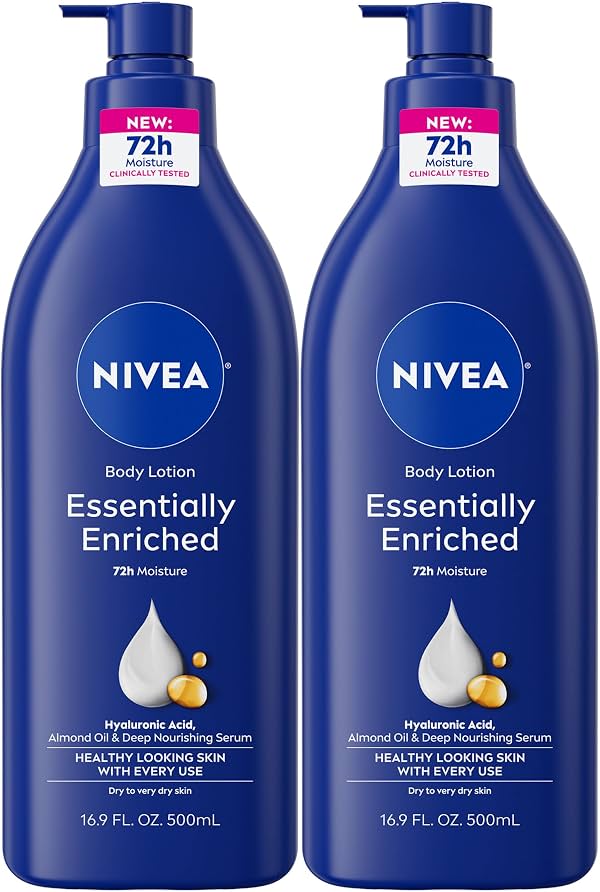 NIVEA Essentially Enriched Loción Corporal, Paquete Ahorro, 2 x 16.9 fl oz | Loción Corporal Hidratante con Ácido Hialurónico, Aceite de Almendras y Sérum Nutritivo Profundo, para Piel Seca a Muy Seca, Hidratación por 72 Horas, Nutritiva, 16.9 fl oz (Paquete de 2)