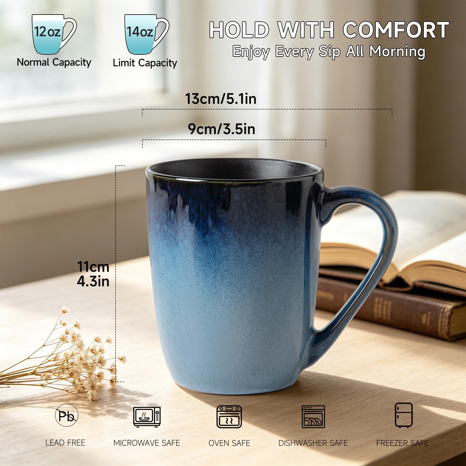 Amazon.com | MONITO Large Ceramic Coffee Mugs Set with Handle for  Tea/Latte/Cappuccino/Milk/Cocoa, Ice-Snow Blue 14oz, Set of 6, Funny Tea Cups  for Office and Home: Coffee Cups & Mugs