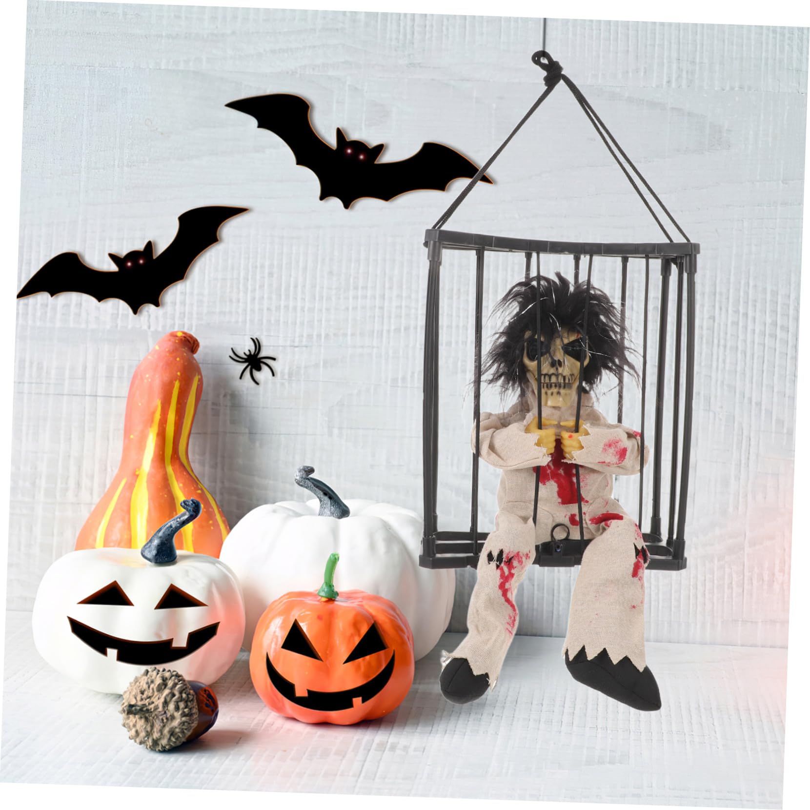 Halloween Decorazione da Appendere Fantasma in Gabbia con Teschio Illuminato LED Effetti Sonori Spaventosi e Stampa Leopardo Decorazione Riusabile per Feste e Case Infestate
