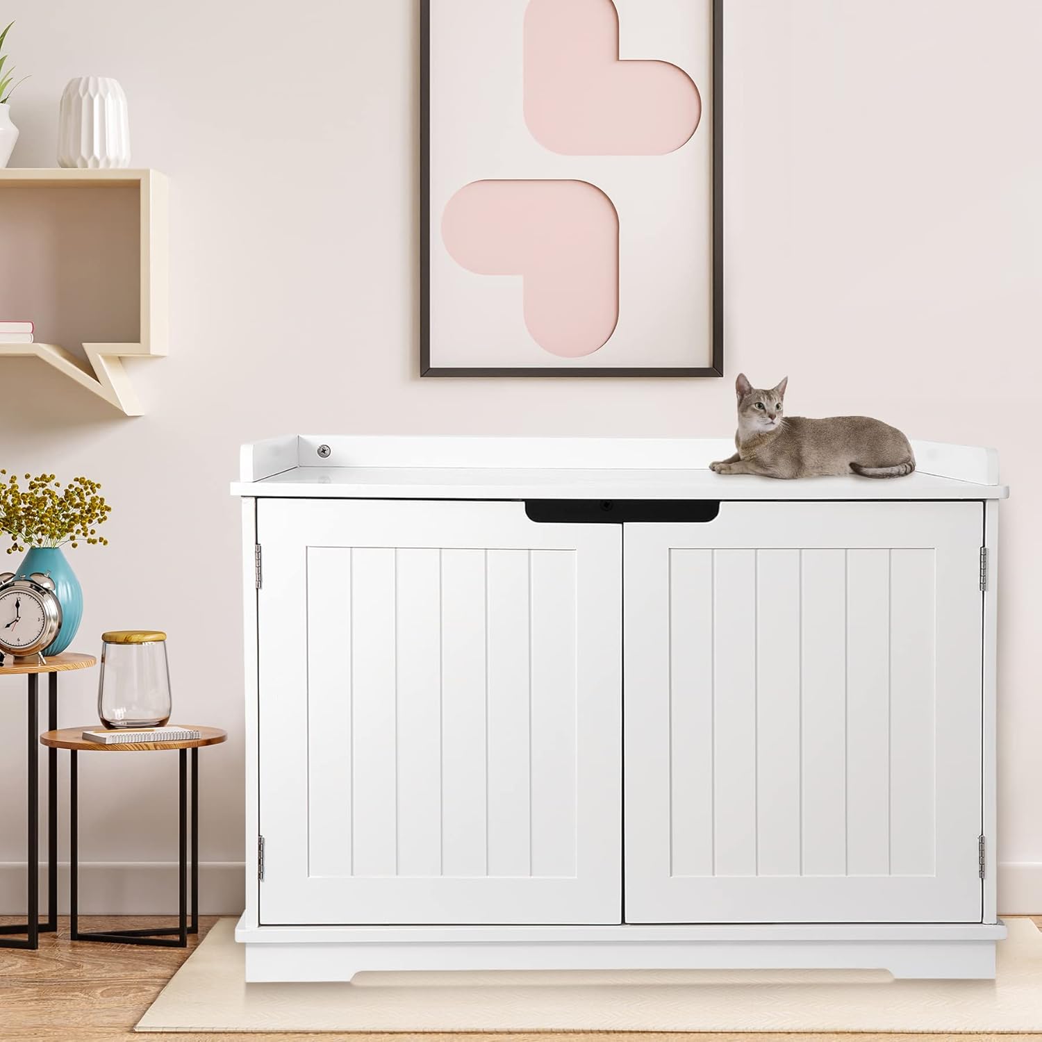 ZENY Wooden Cat Litter Cabinet, Hidden Litter Box Enclosure, Modern Storage Bench with Divider, Fit Most Boxes - White