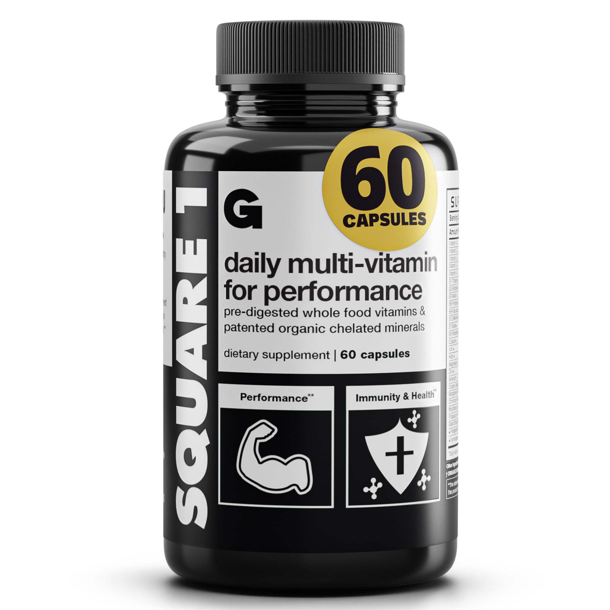 Gains in Bulk Square 1 Multivitamin and Mineral Supplement for Women and Men, Vitamins, Digestive Enzymes and Organic Minerals for Muscle Health, Performance and Immune Support, 60 Capsules