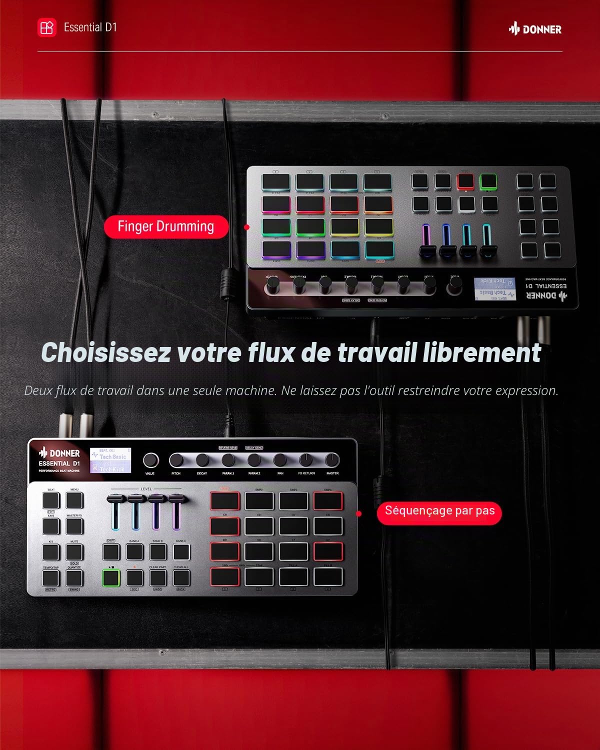 Donner Essential D1 Finger Drum Box et Step Sequence combo, Boast Color Code UI, 12 échantillons de pistes, 16 tableaux de battements RGB, 64 modes de battements prédéfinis, 5 encodeurs sans fin
