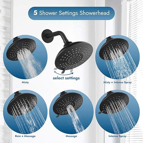 Miniatura 4 de Cinwiny Sistema de ducha de baño montado en la pared con válvula de equilibrio de presión, juego de grifo de ducha negro mate, 5 modos, cabezal de