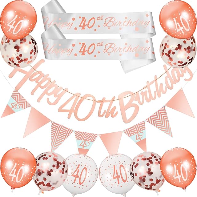 30 Pieces 30th/ 40th/ 18th Birthday Decoration Kit Rose Gold Includes Happy Birthday Banner Triangle Flag, 2 Pieces Birthday Sash, 26 Pieces Confetti Latex Balloons for Women Birthday Supplies (40th)