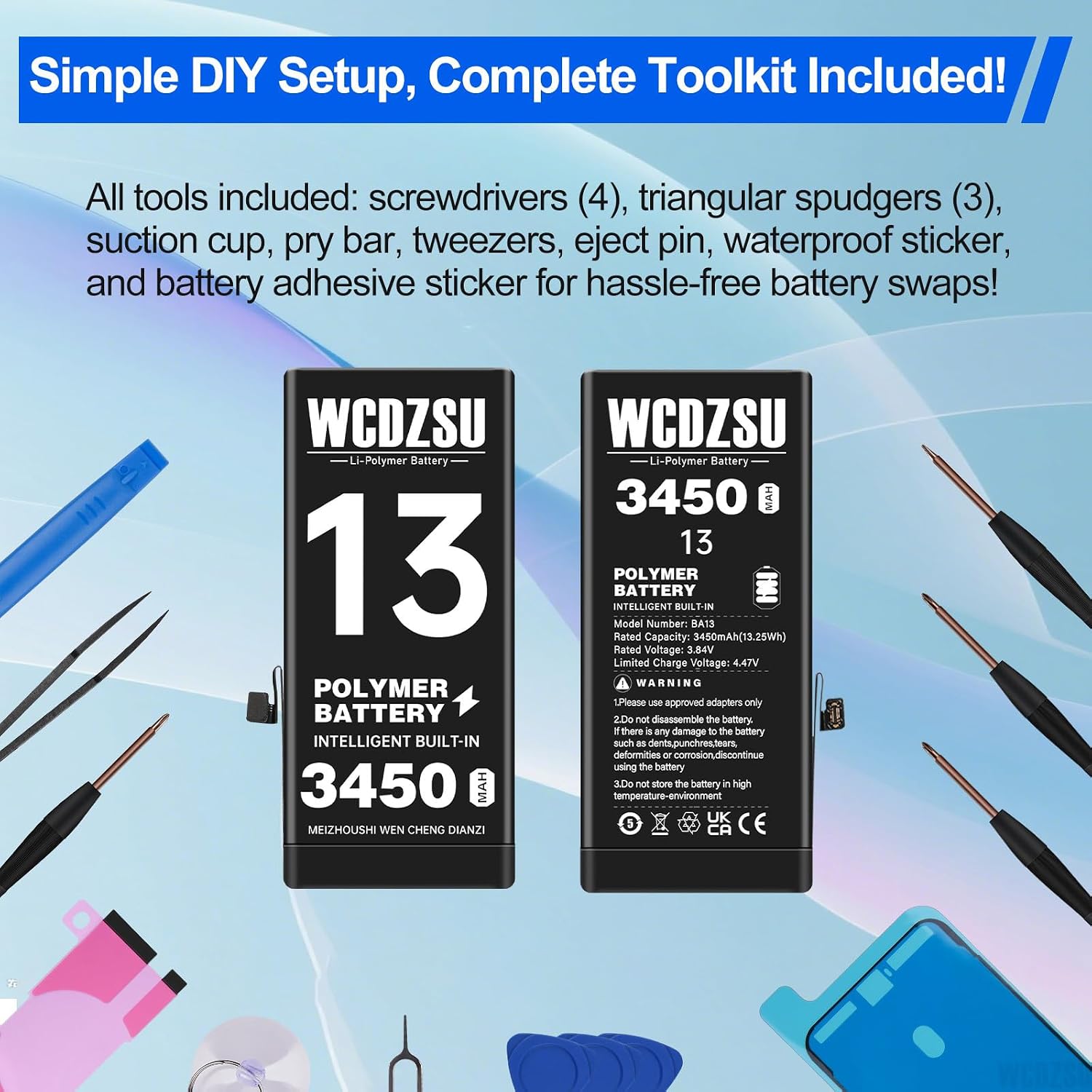 Battery Replacement for iPhone 13 3450mAh No Pop-up Unknown Part Warning High Capacity New 0 Cycle for iPhone 13 with Complete Fix Tools Kit Model A2482 A2631 A2634 A2635 A2633