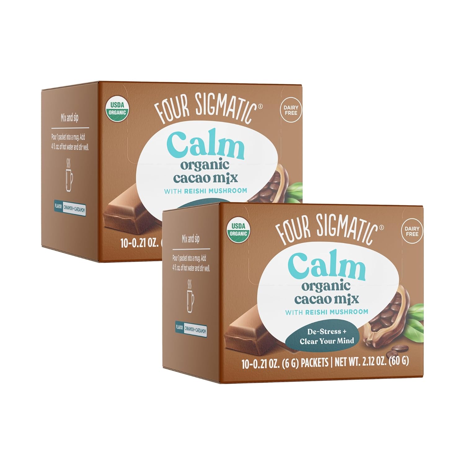 Mushroom Hot Cacao Mix with Reishi by Four Sigmatic – Organic Reishi Mushroom, Cinnamon, Cardamom, Stevia, & Cacao. Reduces Anxiety & Stress, Relaxes the Body, Improves Sleep | USDA Organic | Vegan & Paleo (2 Packs of 10 Packets)