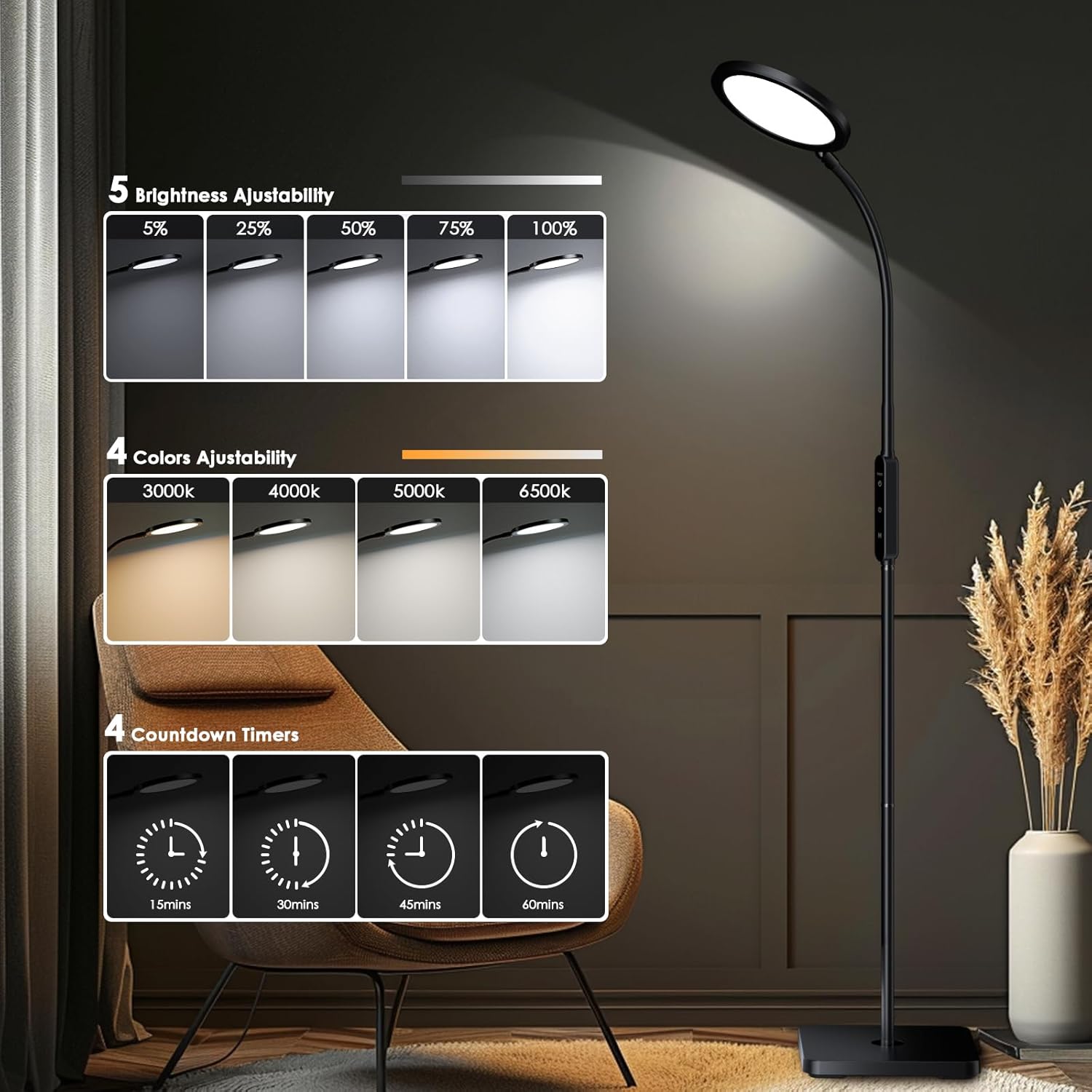 Light Therapy Lamp, 11,000 Lux Sunlight Lamp with Touch&Remote Control, Floor Lamp with 4 Color Temperatures &5 Brightness Levels,Full Spectrum Light with 4 Timers for Reading/Office/Home - Image 5