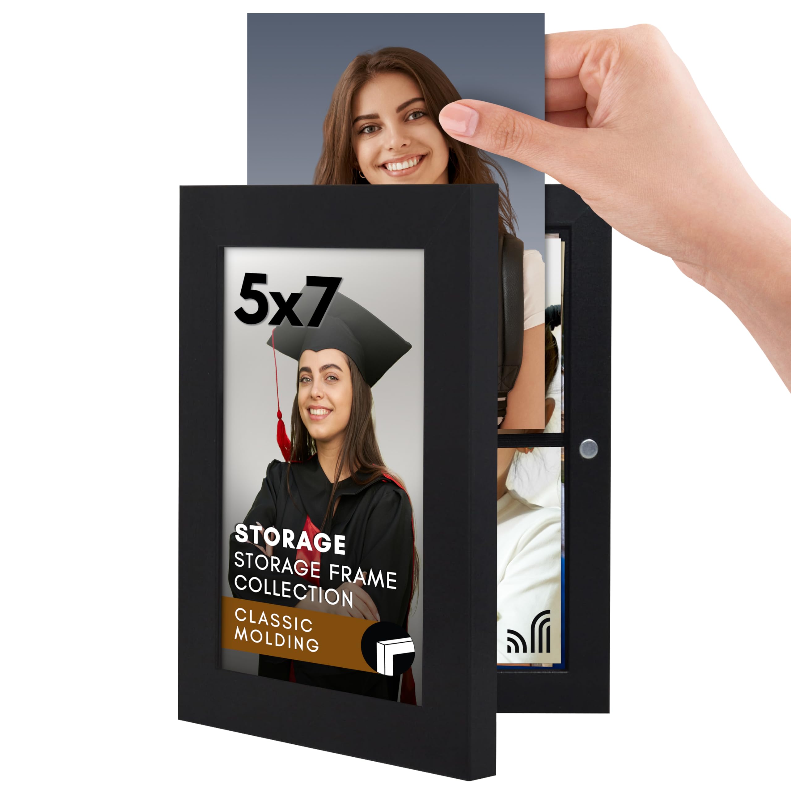 Americanflat 5x7 Picture Frame with Storage - Quick Change Storage Frames with Shatter-Resistant Glass - Holds 35 Photos - Storage Frame Collection - Photo Frame for Tabletop and Wall Display - Black